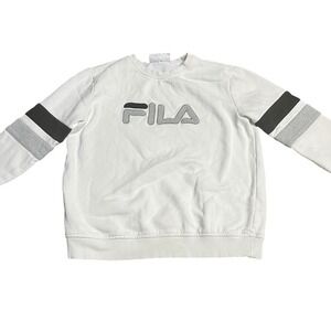 Fila Crewneck Sweatshirt White Gray Black Stripe Sleeve Mens Size Medium‎